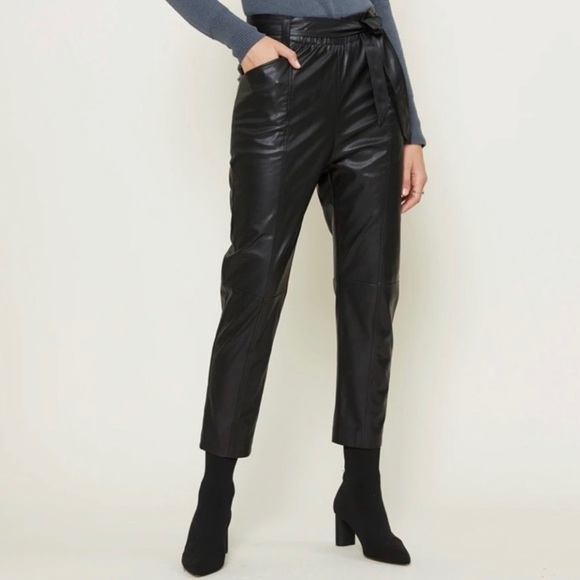 Current Air Faux Leather High Rise Tie Waist Cropped Trouser Pant Black Medium - Picture 2 of 16